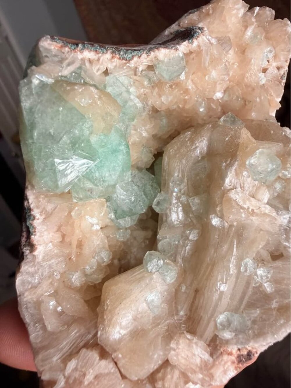 Large Green Apophyllite on Peach Stilbite Crystal Cluster 476g Natural Mineral S